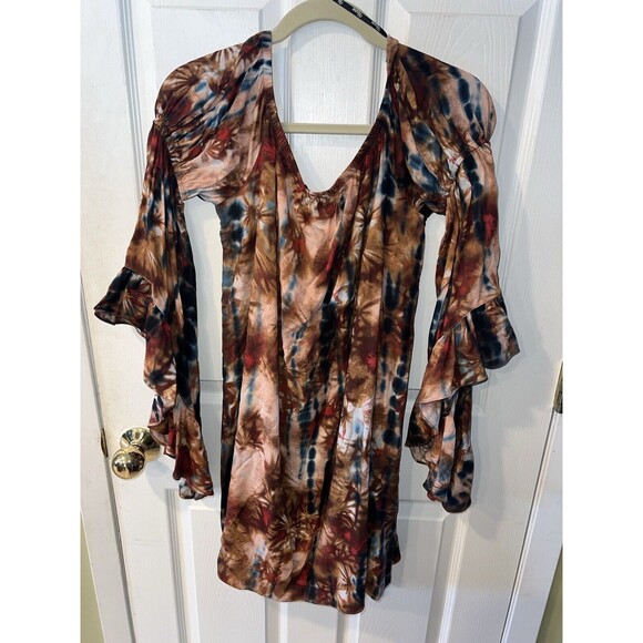 Voom joy han Tunic Womens M Tie Dye Off Shoulder Dress Cascading Angel Sleeve - Picture 5 of 7